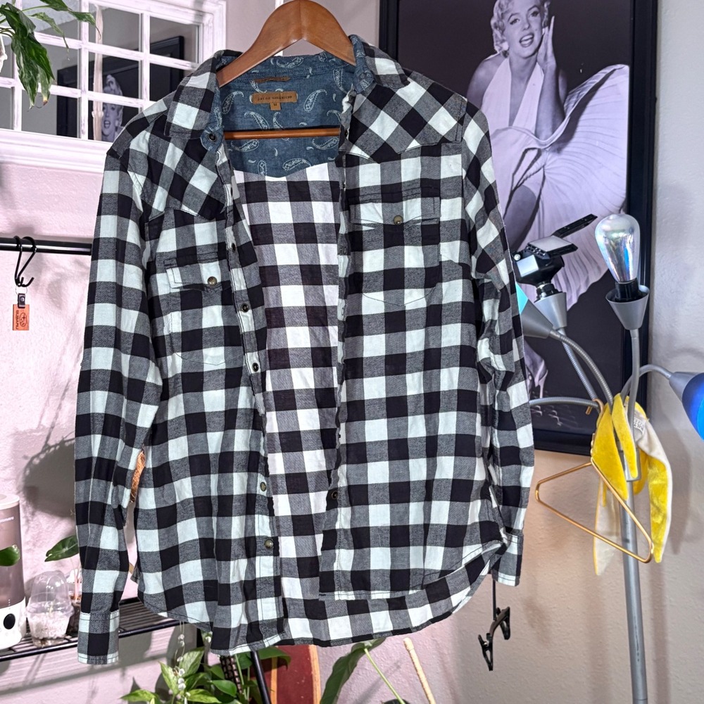 Jachs Girlfriend Plaid Button Front Shirt Medium Black White Cotton Stretch